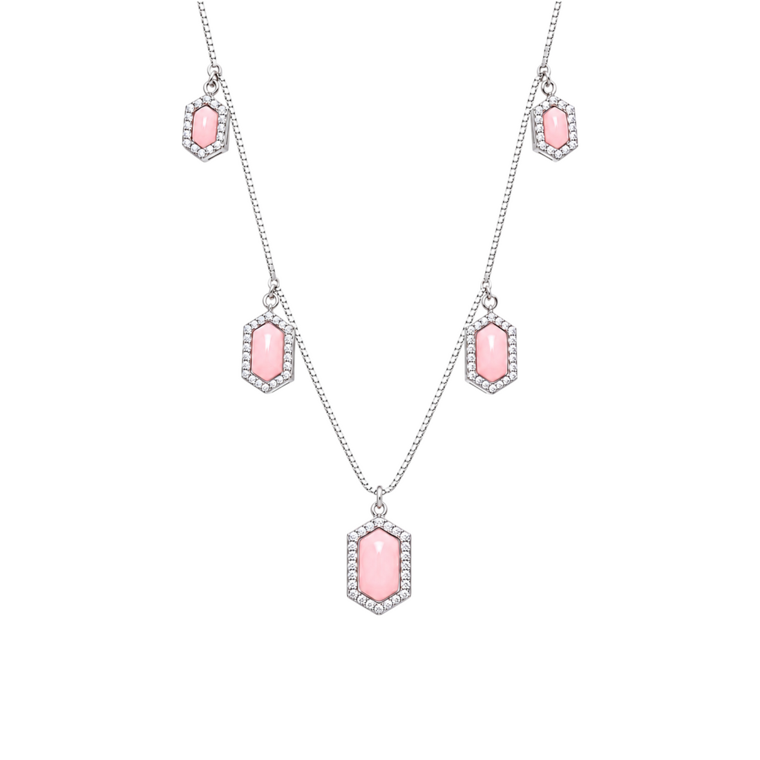 Silver-tone necklace featuring five hanging hexagon dangles set with pink stones inside paved halos.