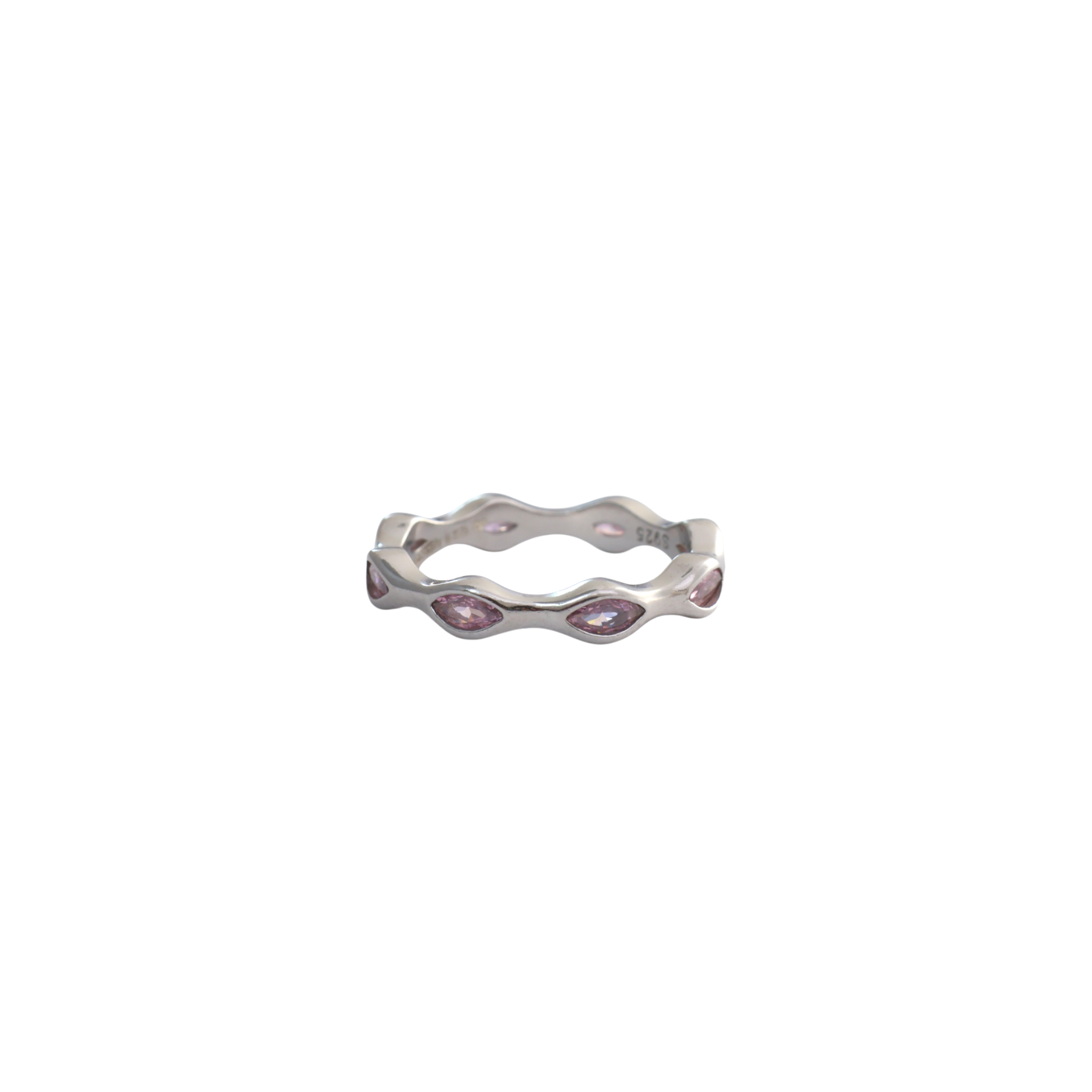 Scalloped wavy sterling silver band studded with soft blush pink marquise gems.