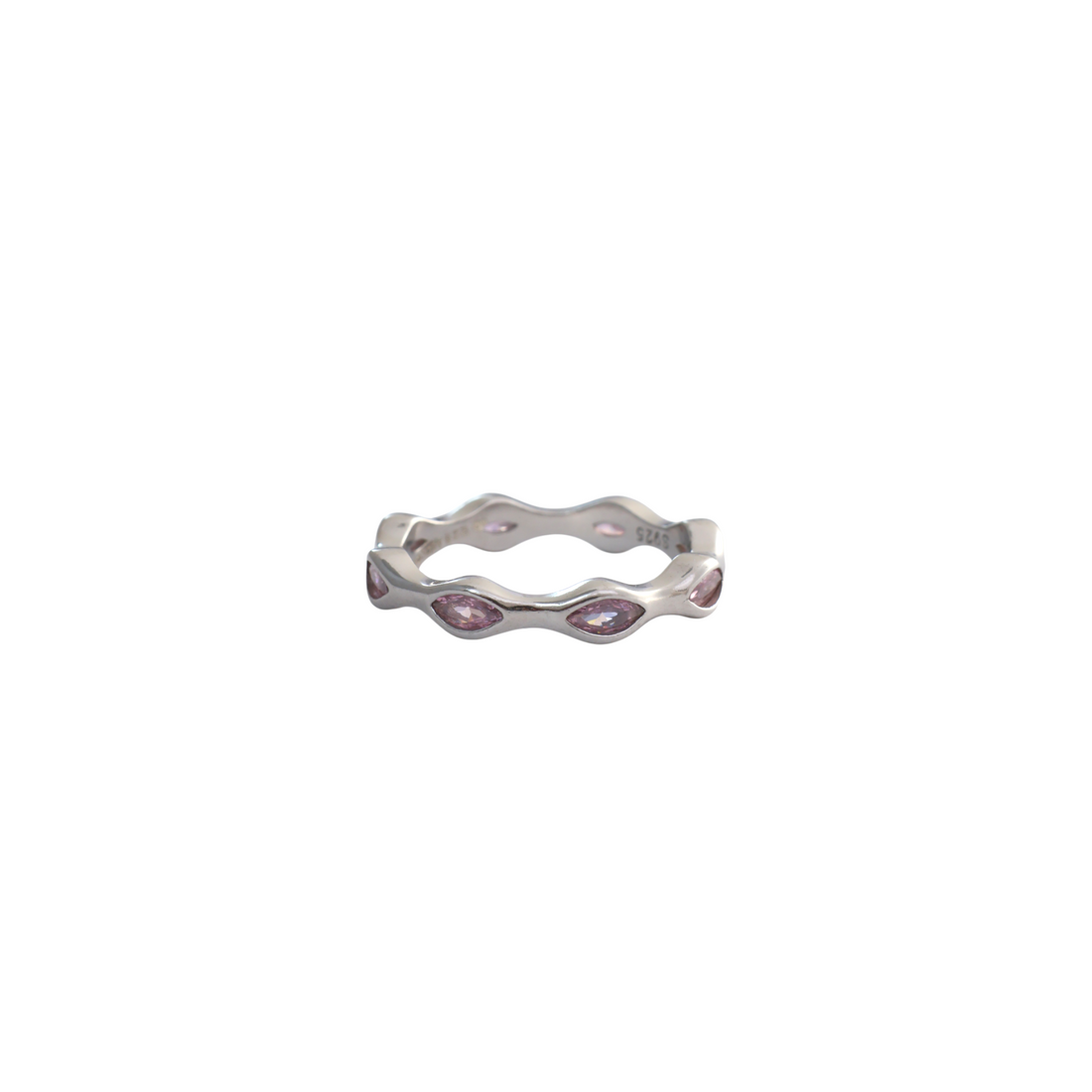 Scalloped wavy sterling silver band studded with soft blush pink marquise gems.