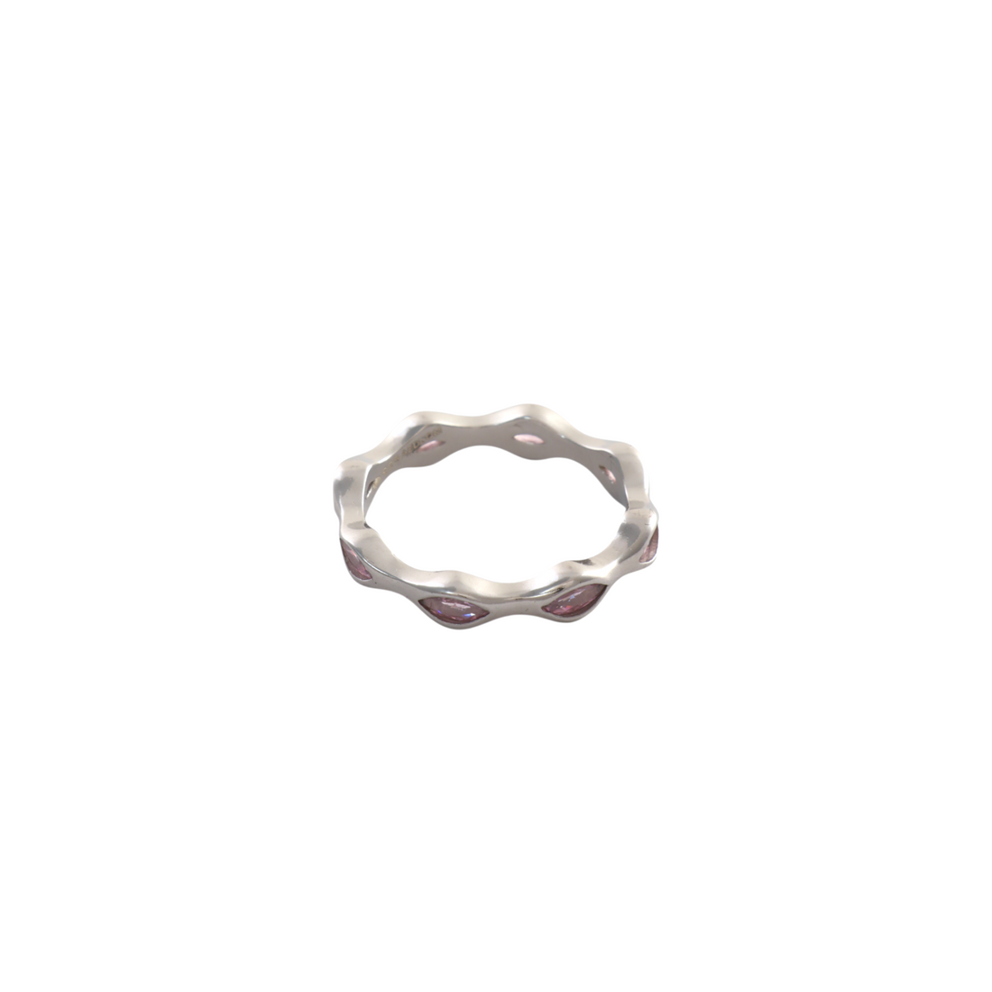 Scalloped wavy sterling silver band studded with soft blush pink marquise gems.