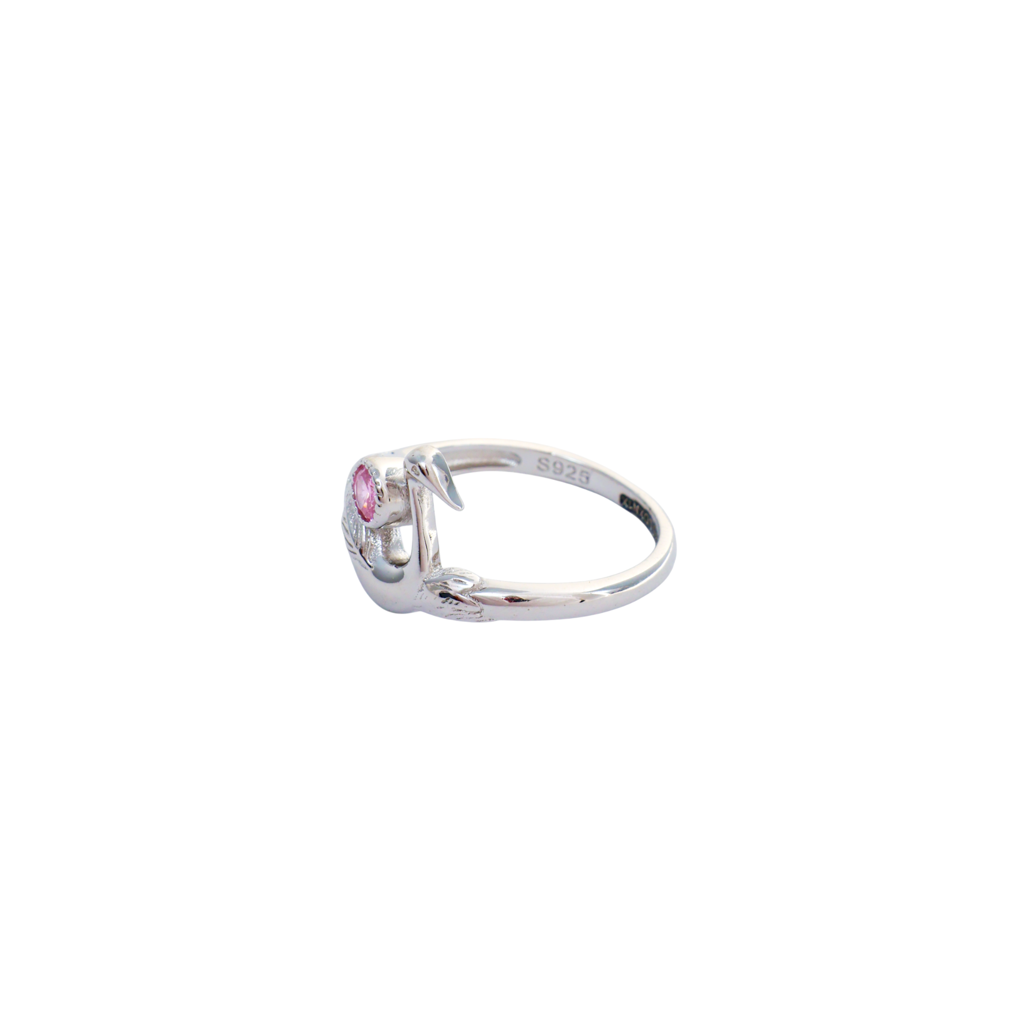 Sculpted silver swan ring wrapped around the finger holding a round pink stone in its neck.