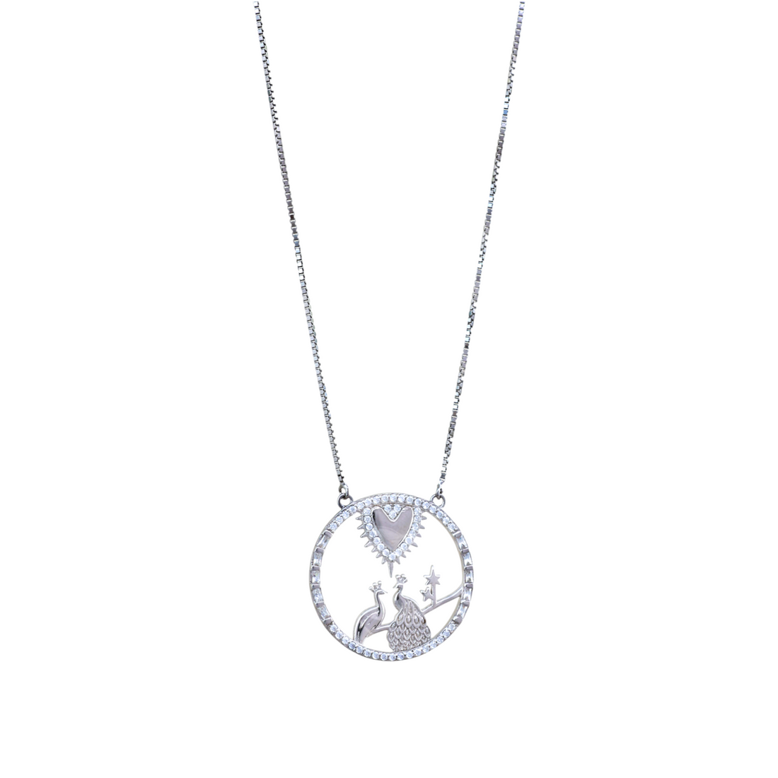 Silver chain necklace featuring a circular paved medallion with two peacocks and a mother-of-pearl heart.