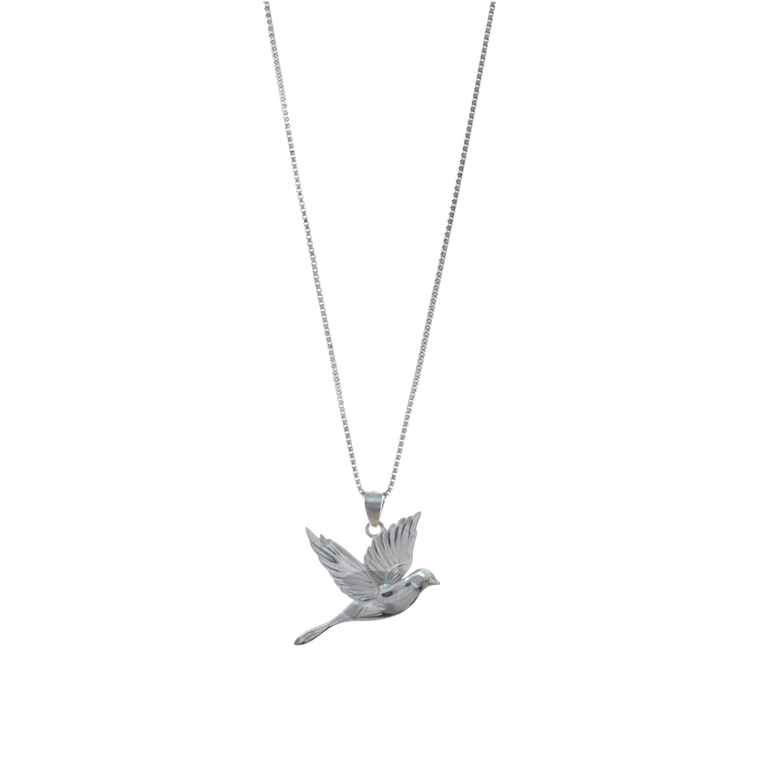 Silver chain necklace with a polished 3D flying dove pendant with outstretched wings.