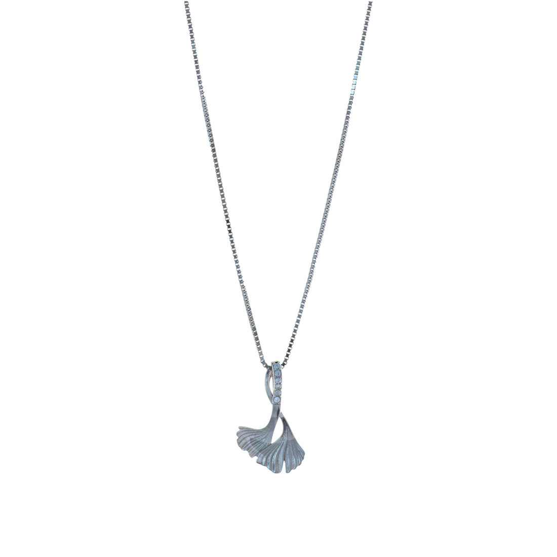 Silver chain necklace with a pendant featuring twin ginkgo leaves and a pave-set bail.