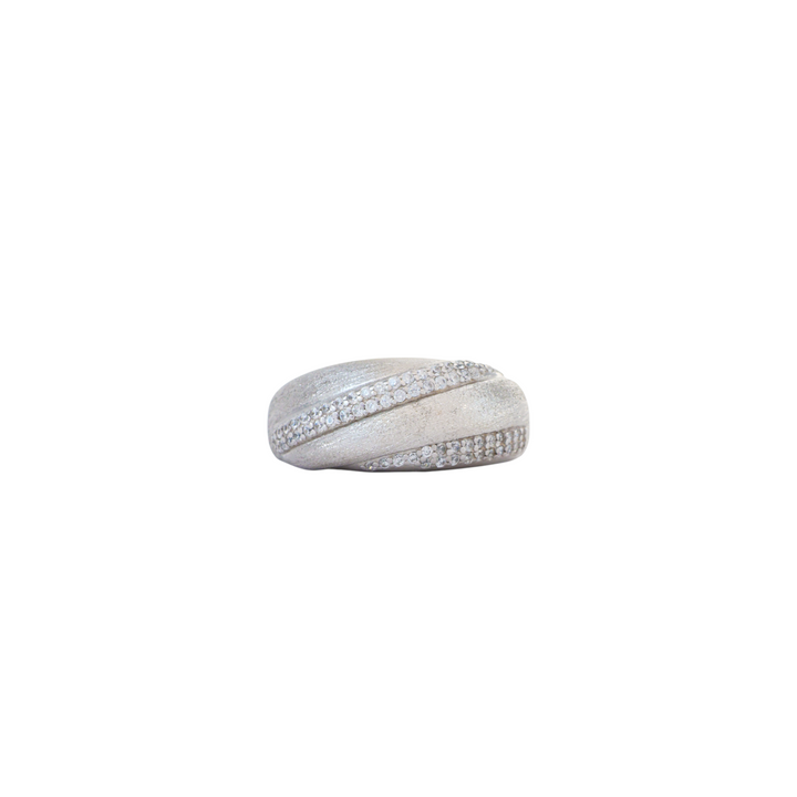 Wide dome ring in satin brushed silver with diagonal rows of pavé micro cz stones.