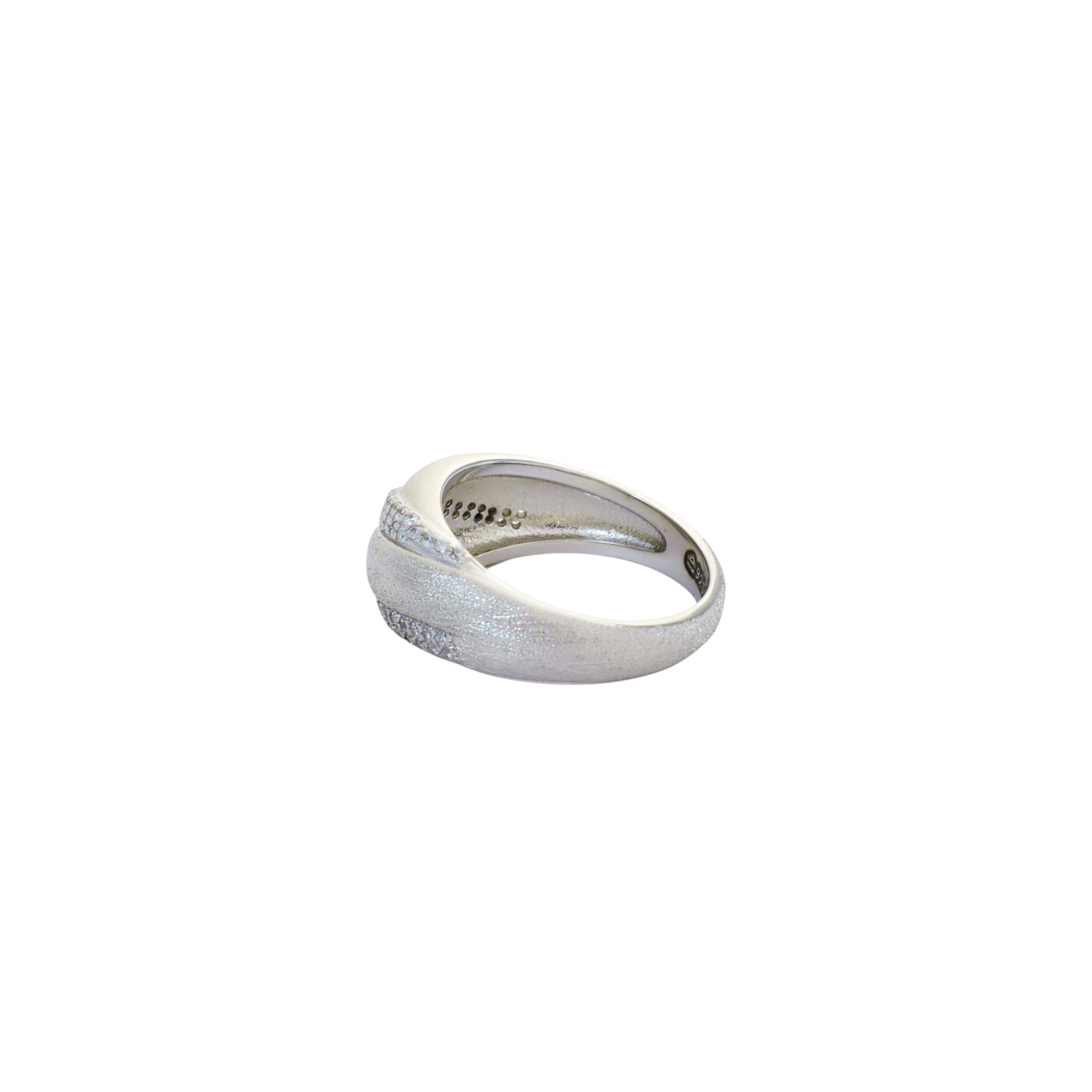 Wide dome ring in satin brushed silver with diagonal rows of pavé micro cz stones.