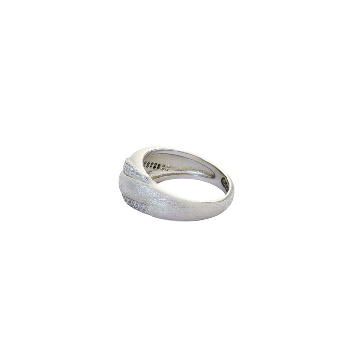 Wide dome ring in satin brushed silver with diagonal rows of pavé micro cz stones.