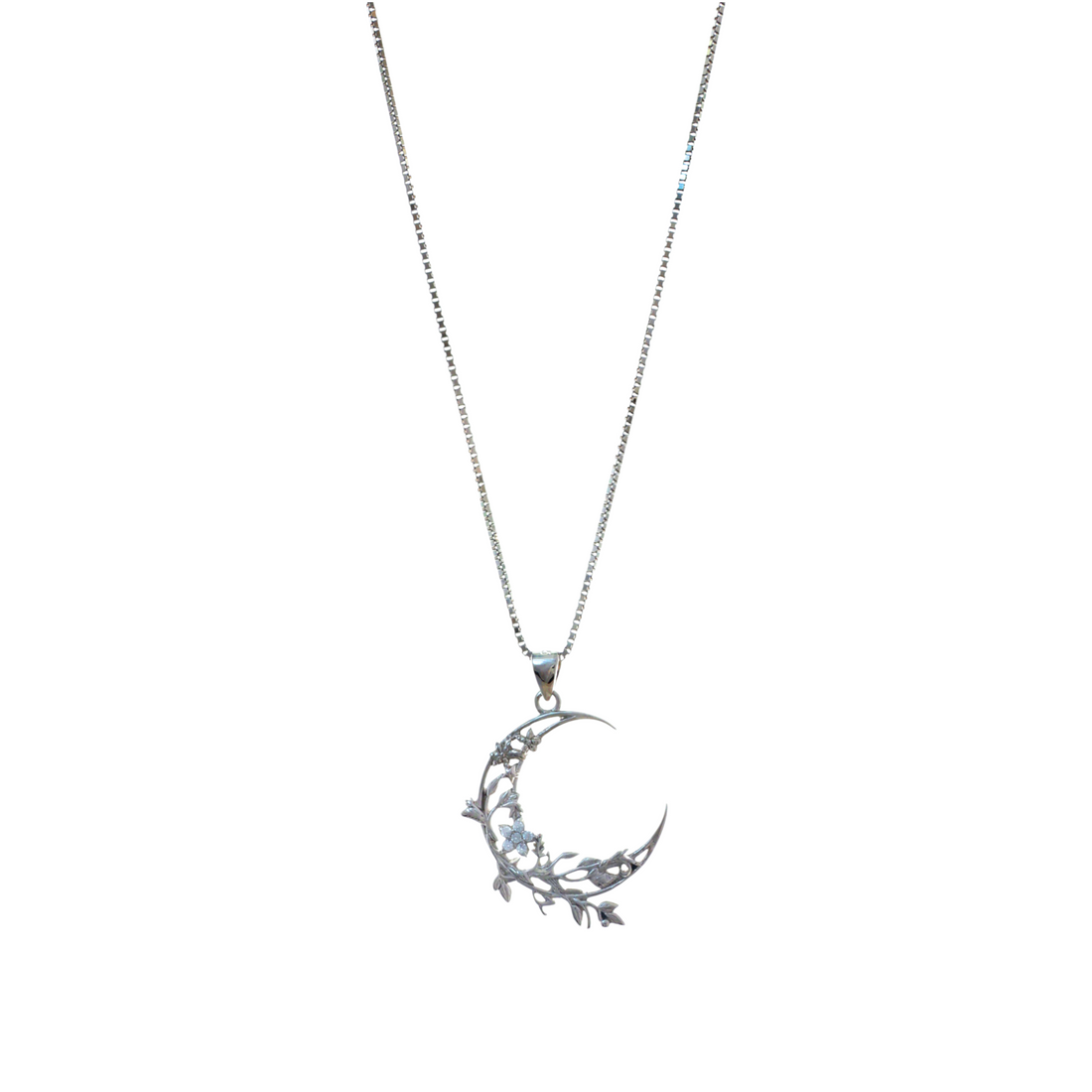 Silver chain necklace with a crescent moon pendant detailed with floral vines and crystal blossoms.