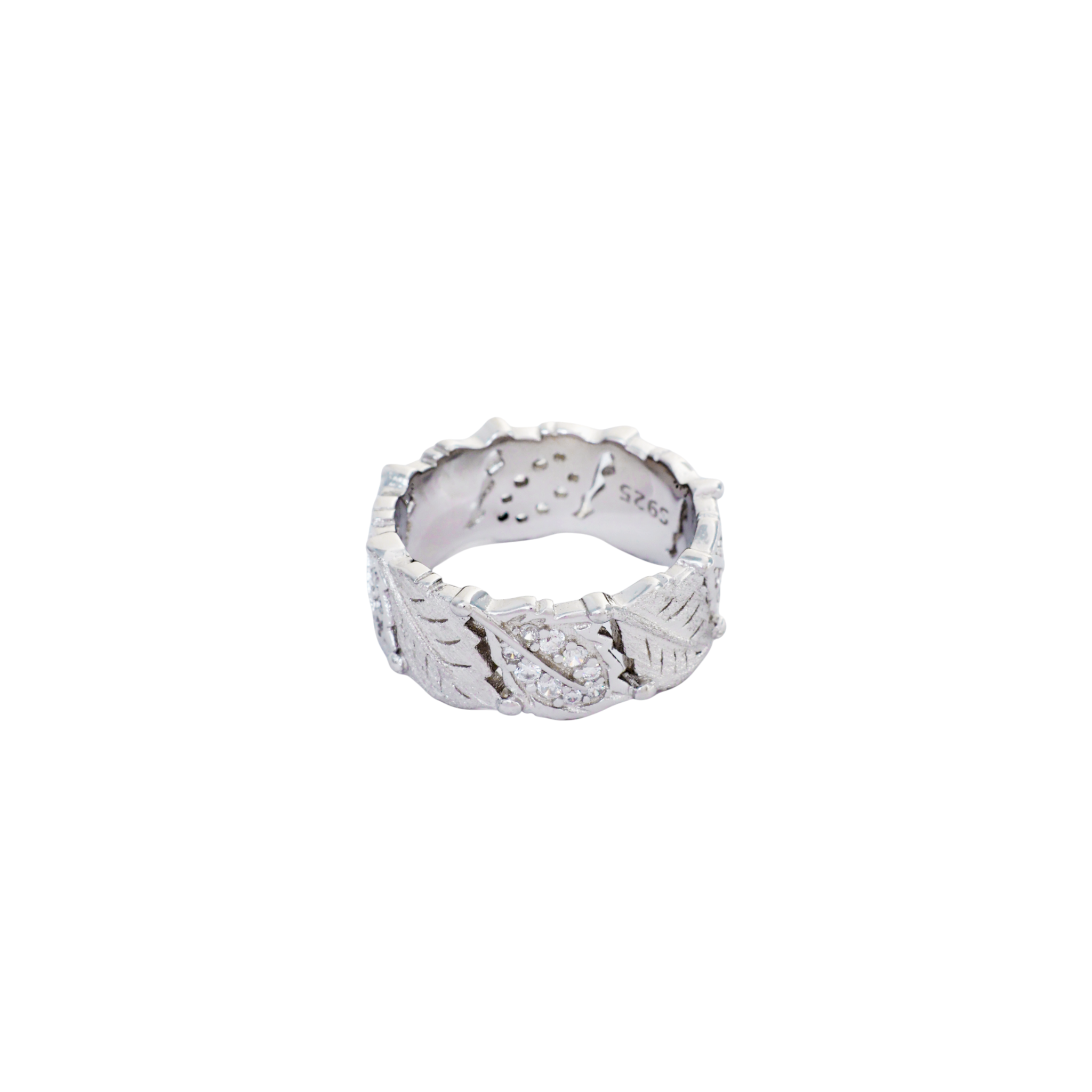 Wide silver band with carved leaf patterns and pave crystal accents on a brushed finish.