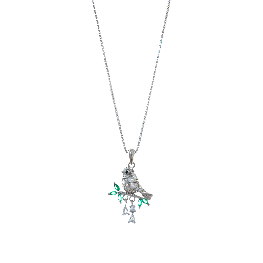 A silver-tone chain necklace featuring a detailed bird perched on a branch set with green and clear stones.