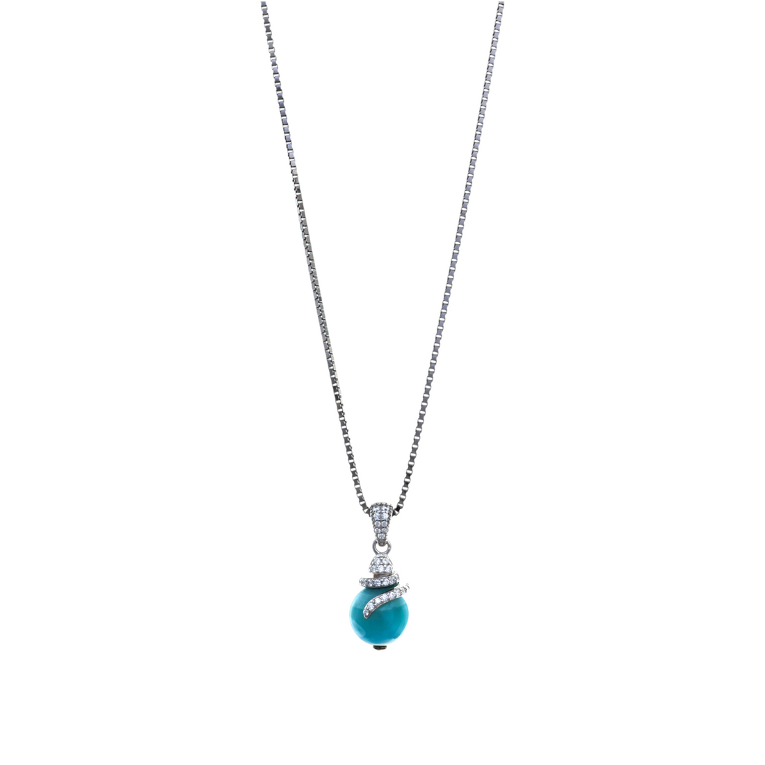 A silver-tone chain necklace featuring a round turquoise blue stone wrapped with a crystal-paved ribbon detail.