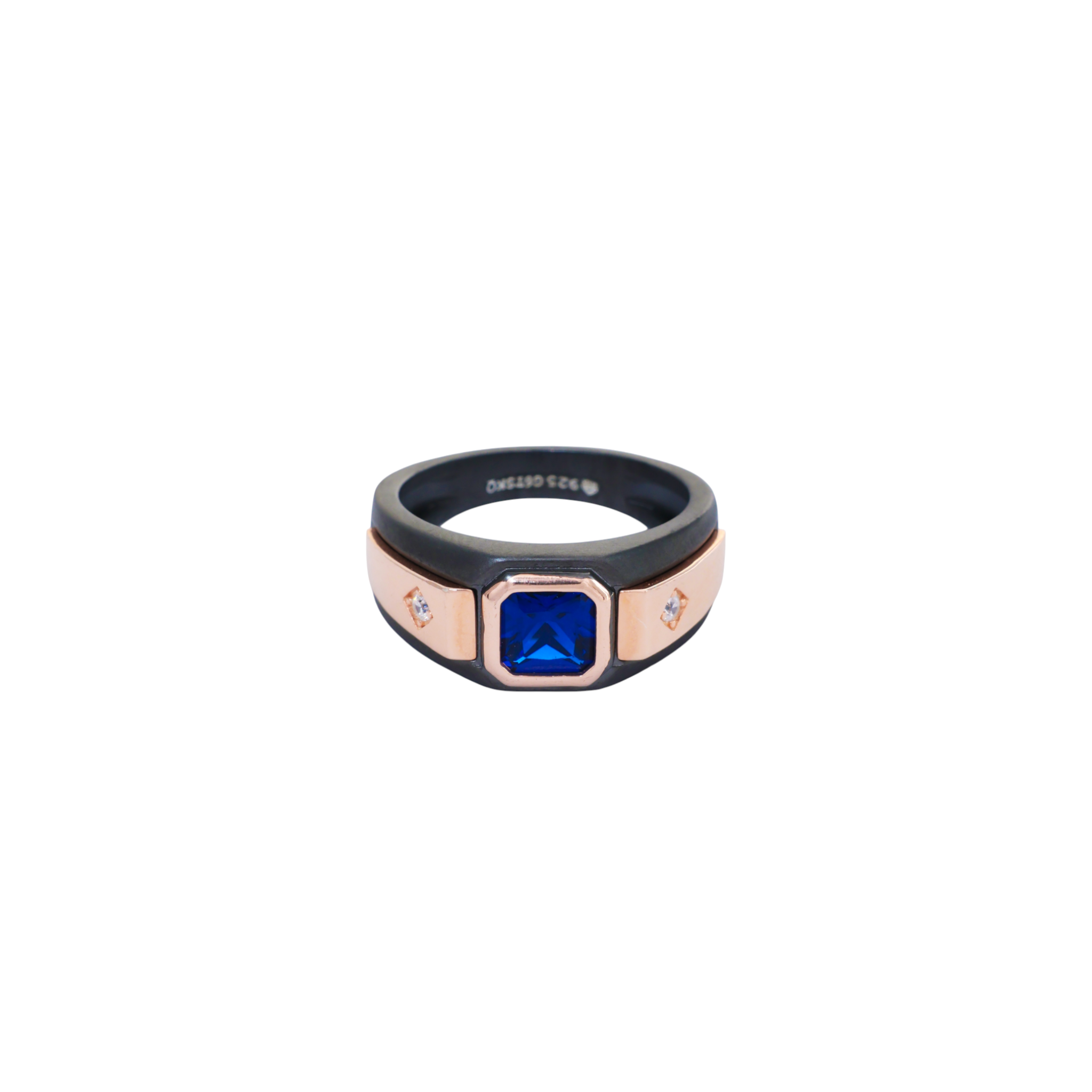Matte black ruthenium ring holding a square blue gem between flush rose gold side plates.