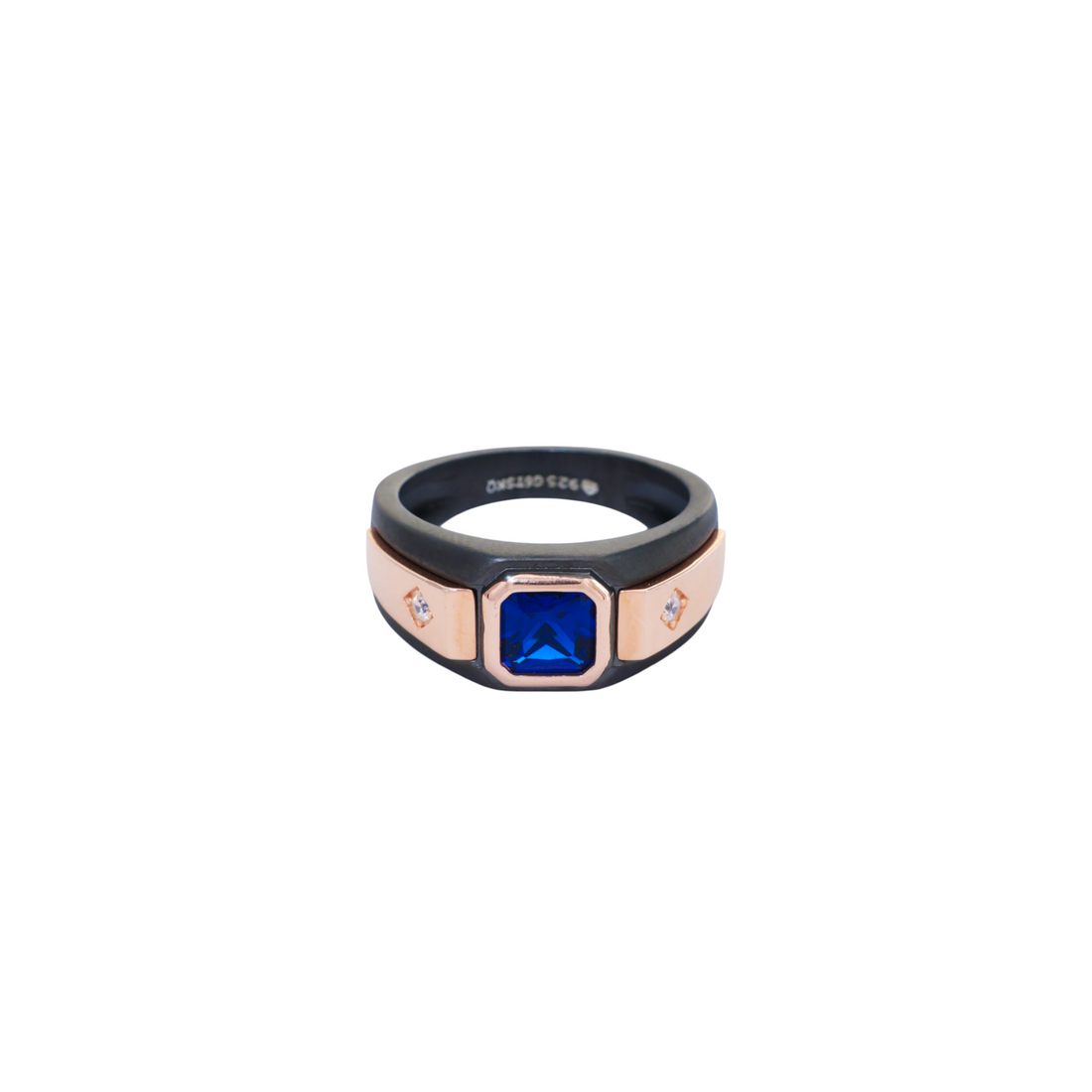 Matte black ruthenium ring holding a square blue gem between flush rose gold side plates.