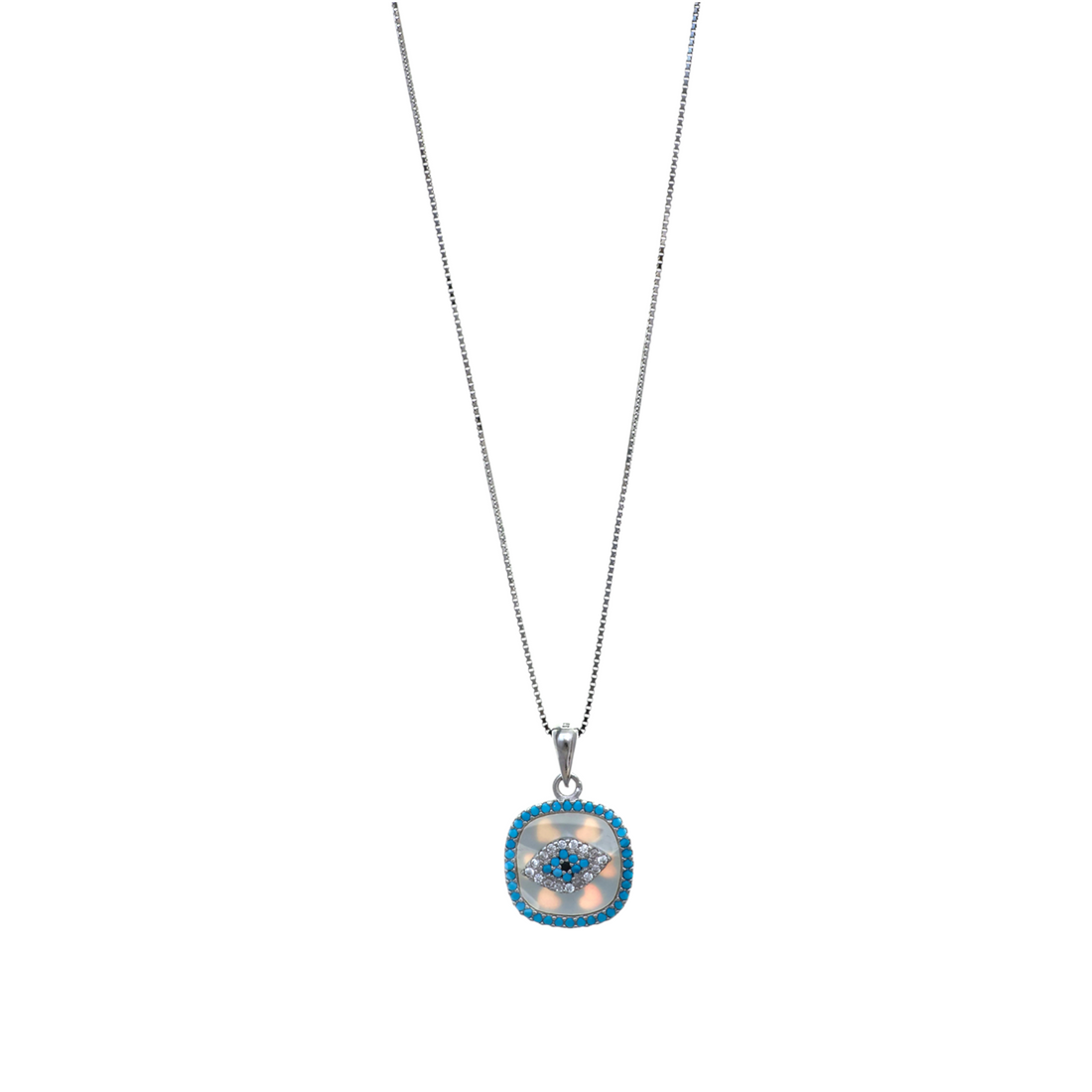 A silver-tone necklace featuring a cushion-shaped pendant with a mother-of-pearl center and a crystal evil eye motif encrusted with blue accents.