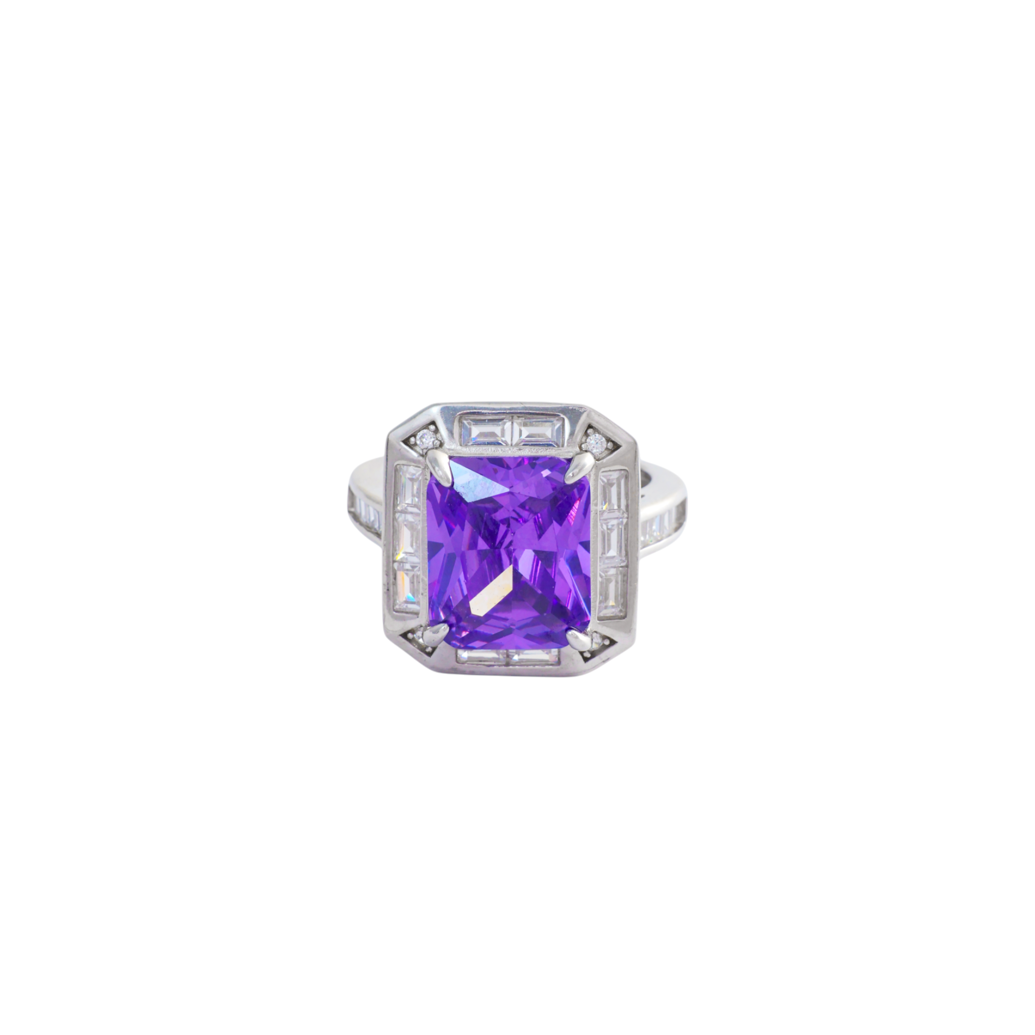 Vibrant purple emerald cut stone set within a clear baguette crystal halo in sterling silver.