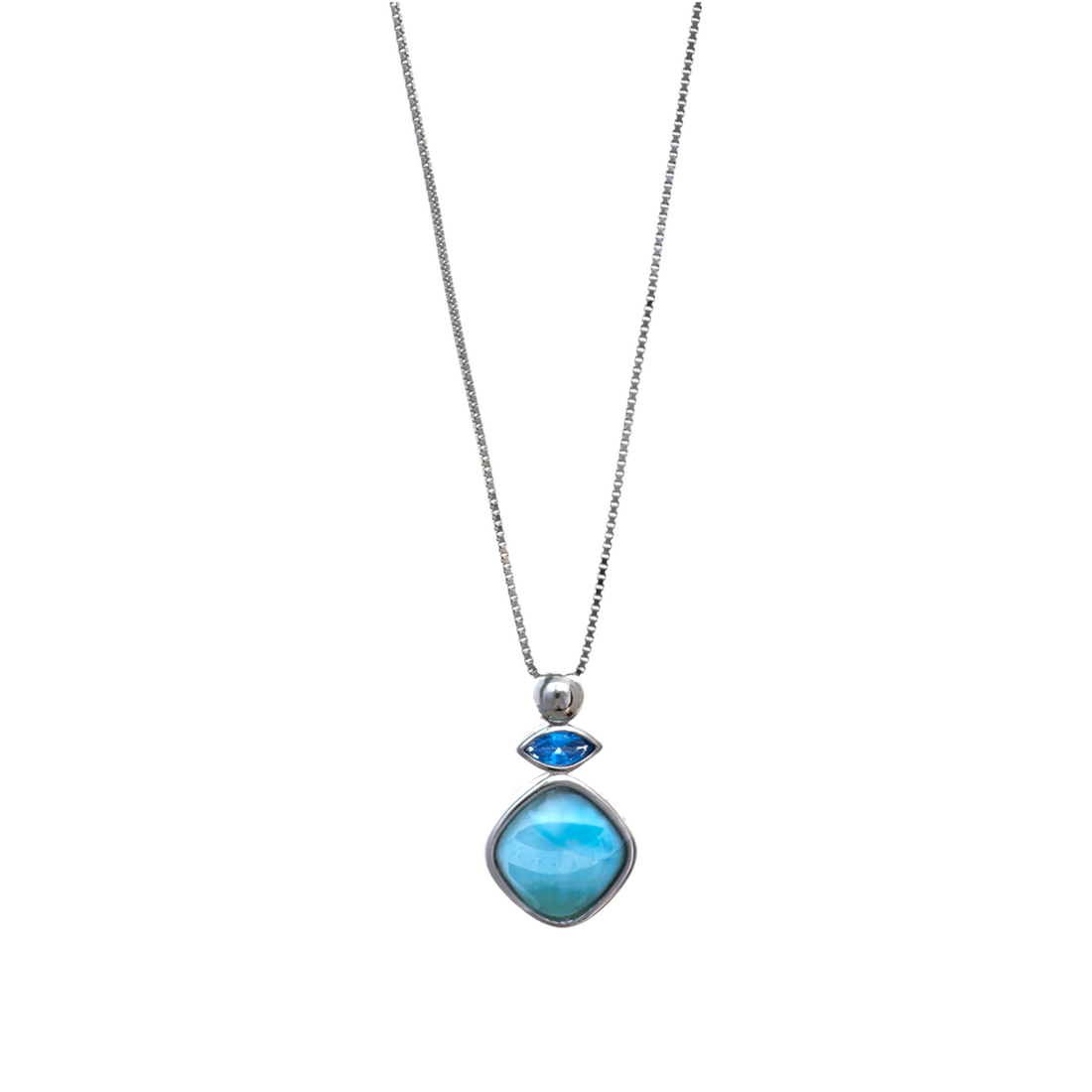 A silver-tone chain necklace dangling a marquise-cut blue gem above a smooth cushion-shaped turquoise-blue stone.