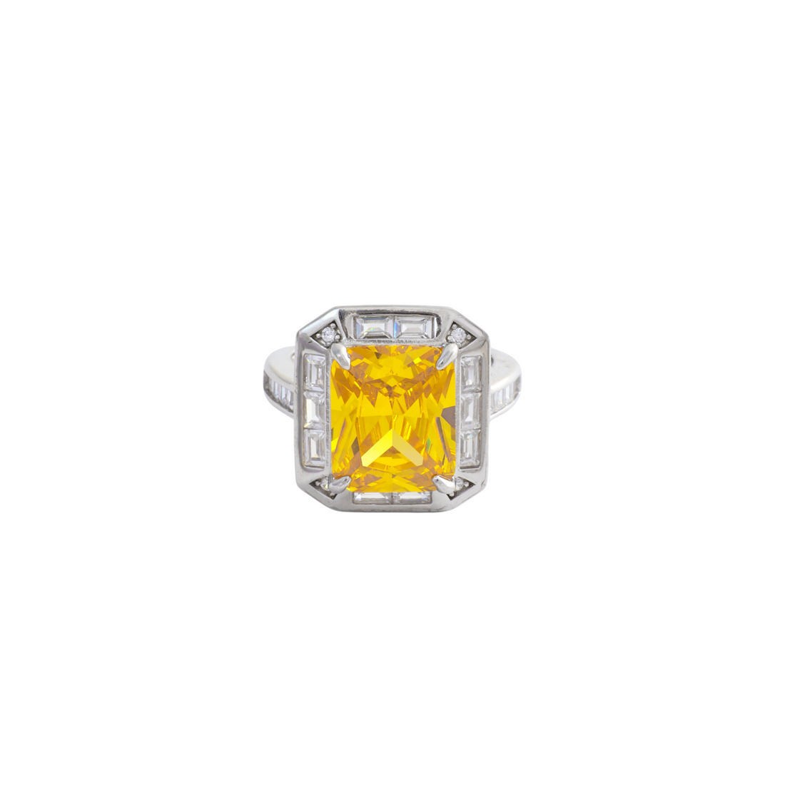 Canary yellow emerald cut gemstone encircled by a clear baguette halo frame set in silver.