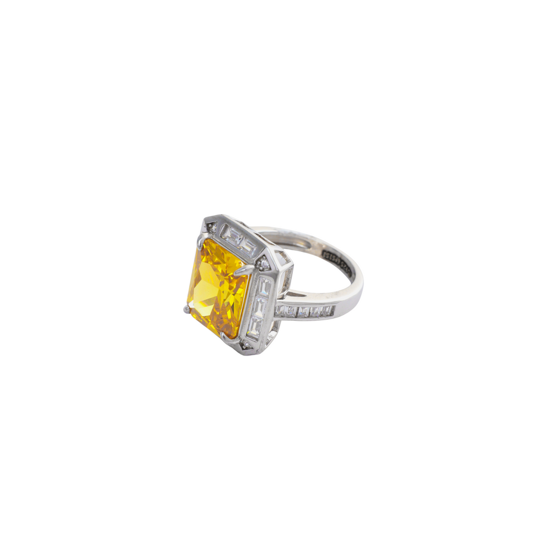 Canary yellow emerald cut gemstone encircled by a clear baguette halo frame set in silver.