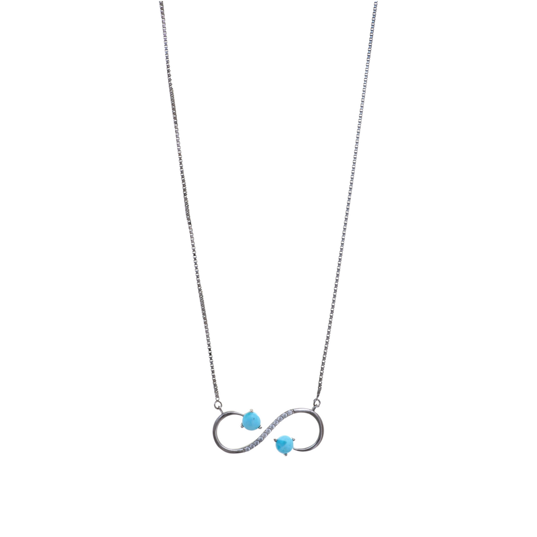 A horizontal silver infinity symbol pendant embellished with pave crystals and two small round blue gemstones.