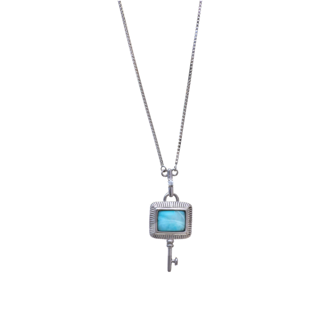 A silver chain necklace featuring an ornate key pendant centered around a rectangular turquoise-blue stone.