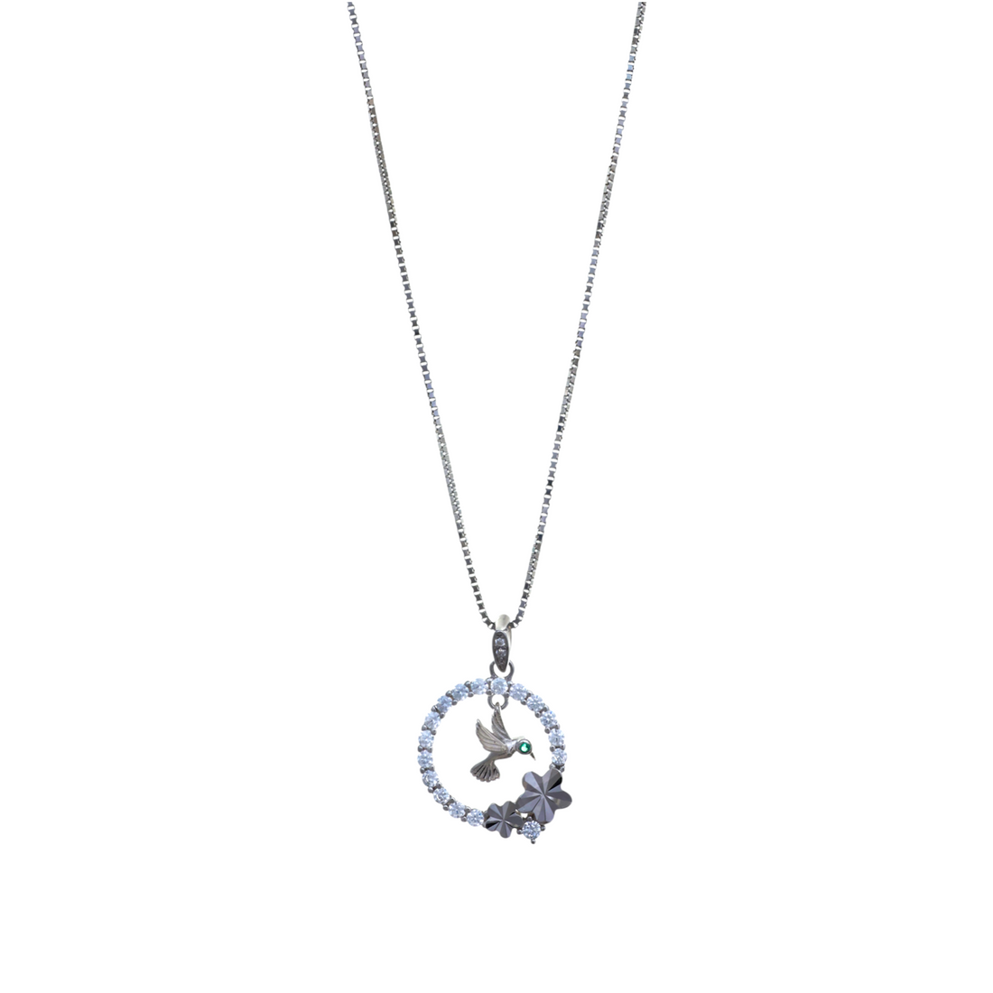 A silver-tone circular pendant lined with white crystals containing a tiny hummingbird in flight and small flower accents.