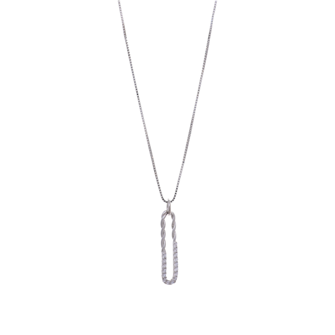 A modern silver-tone necklace featuring an elongated twisted cable link pendant half set with clear crystals.