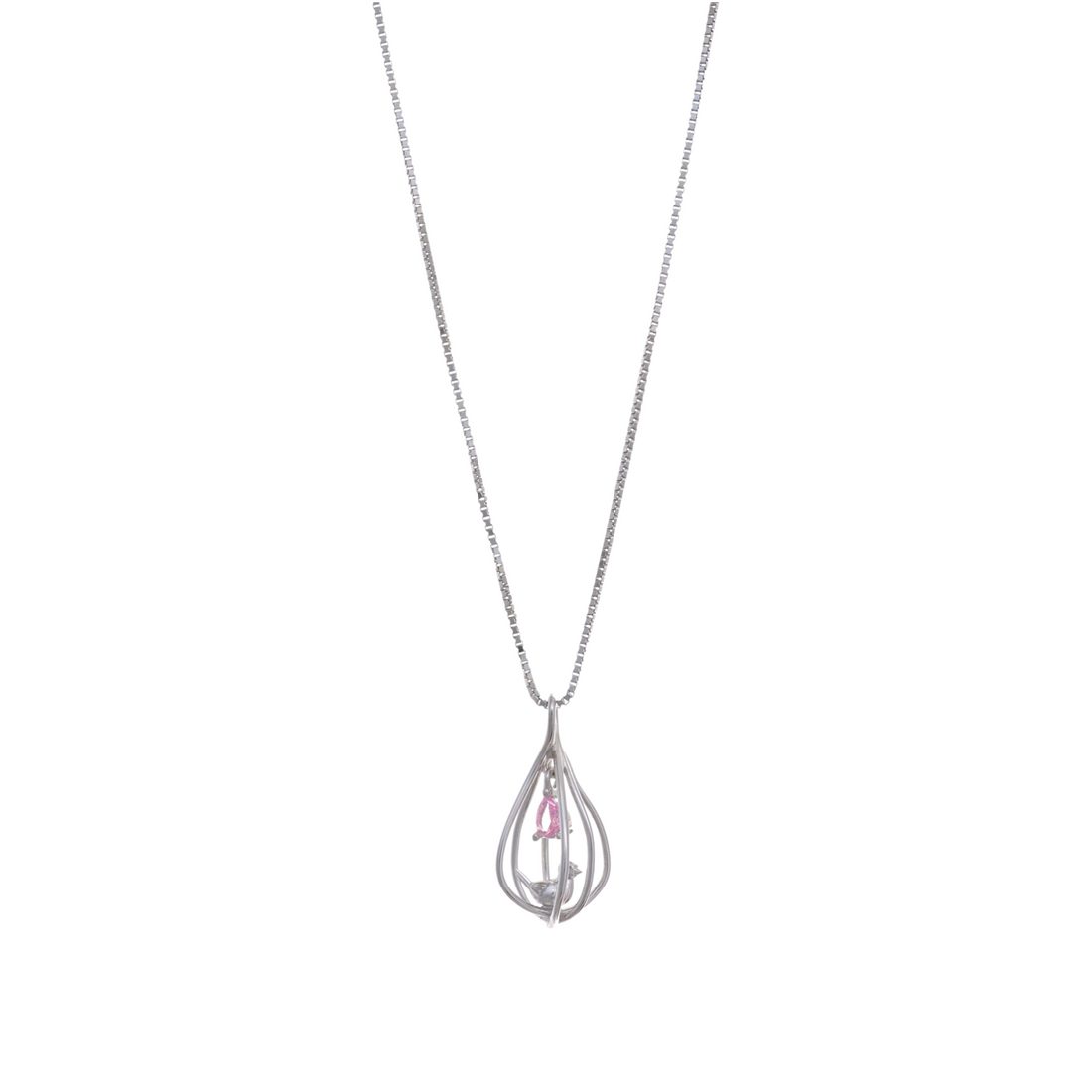 A teardrop-shaped silver wire cage pendant containing a small bird figurine and a suspended pink pear-cut crystal.
