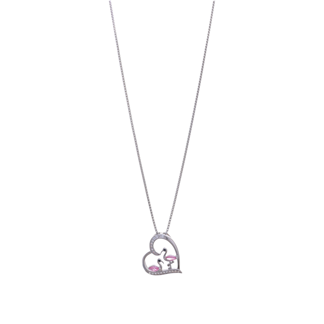 A silver-tone open heart pendant featuring two flamingos with pink marquise gemstone bodies.