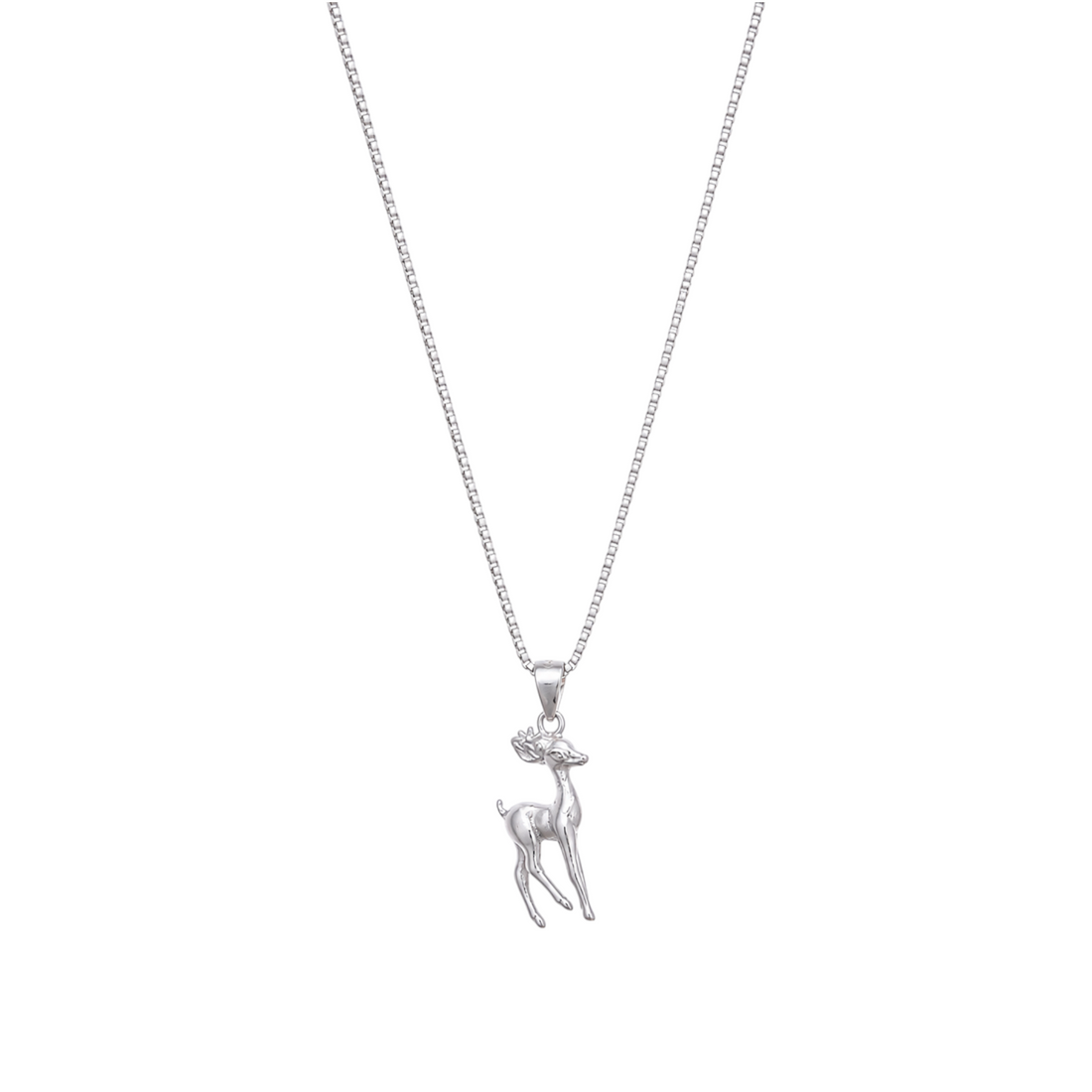 A silver-tone chain necklace holding a detailed 3D sculpted deer pendant in mid-pose.