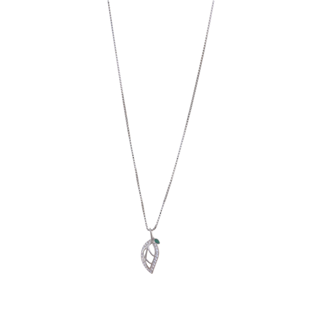 A silver chain necklace featuring a delicate openwork leaf pendant outline adorned with pave crystals and a green stone stem detail.