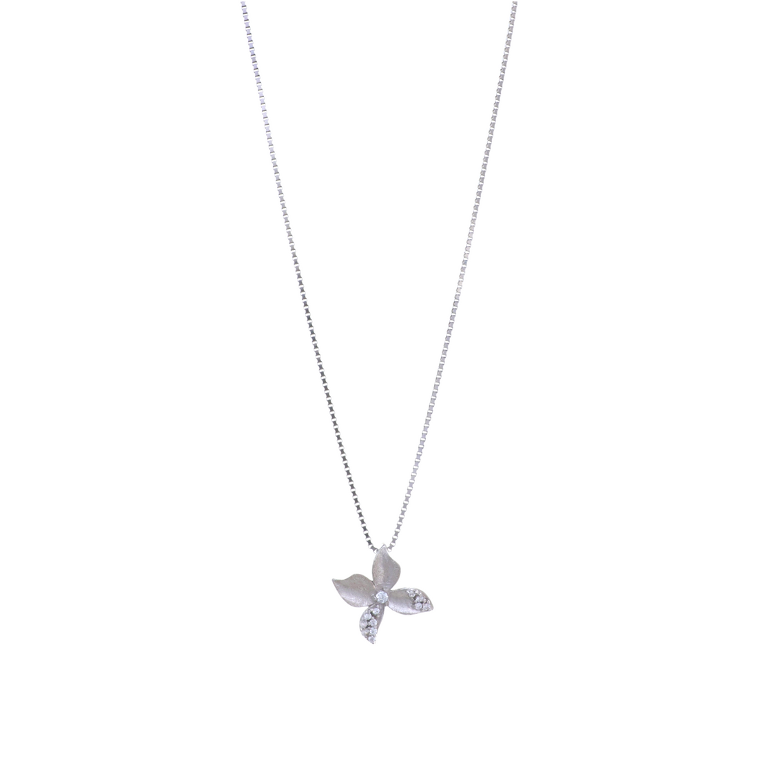 A delicate silver box chain necklace featuring a four-petal flower pendant accented with sparkling clear stones.