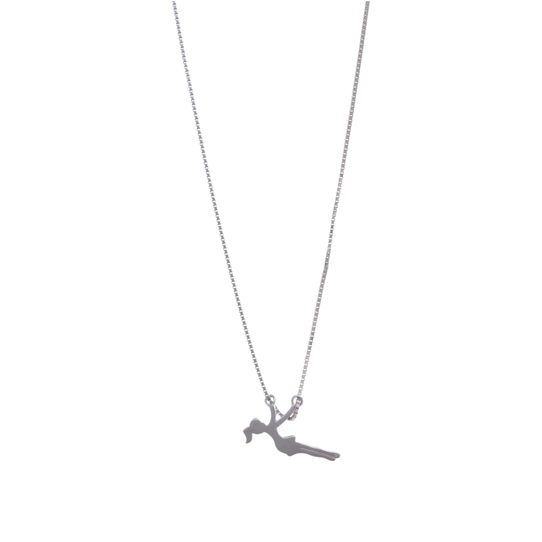 A fine silver box chain necklace holding a sleek pendant shaped like a dancer in motion.