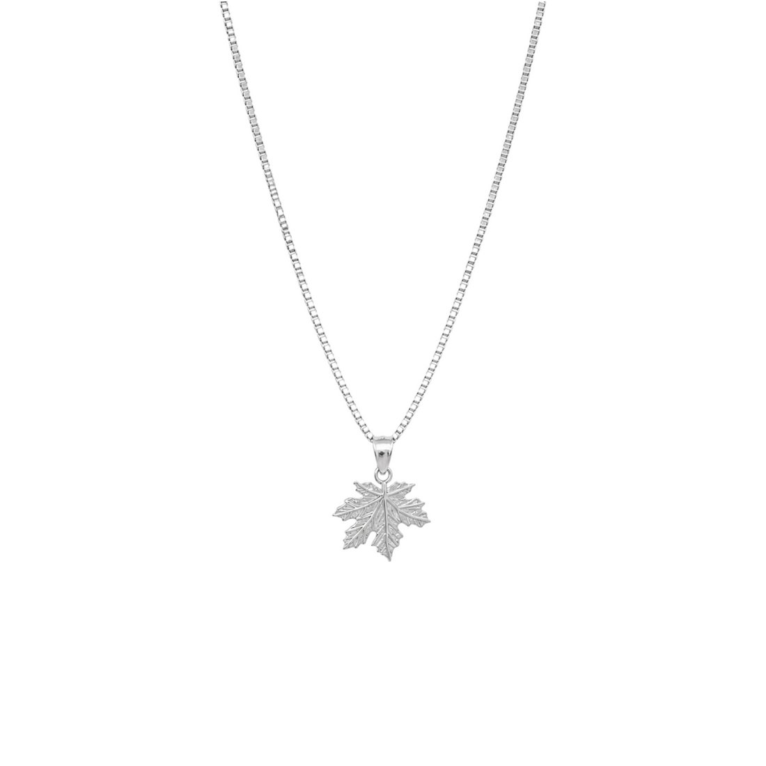 A silver box chain holding an intricately carved maple leaf pendant with textured leaf veins.