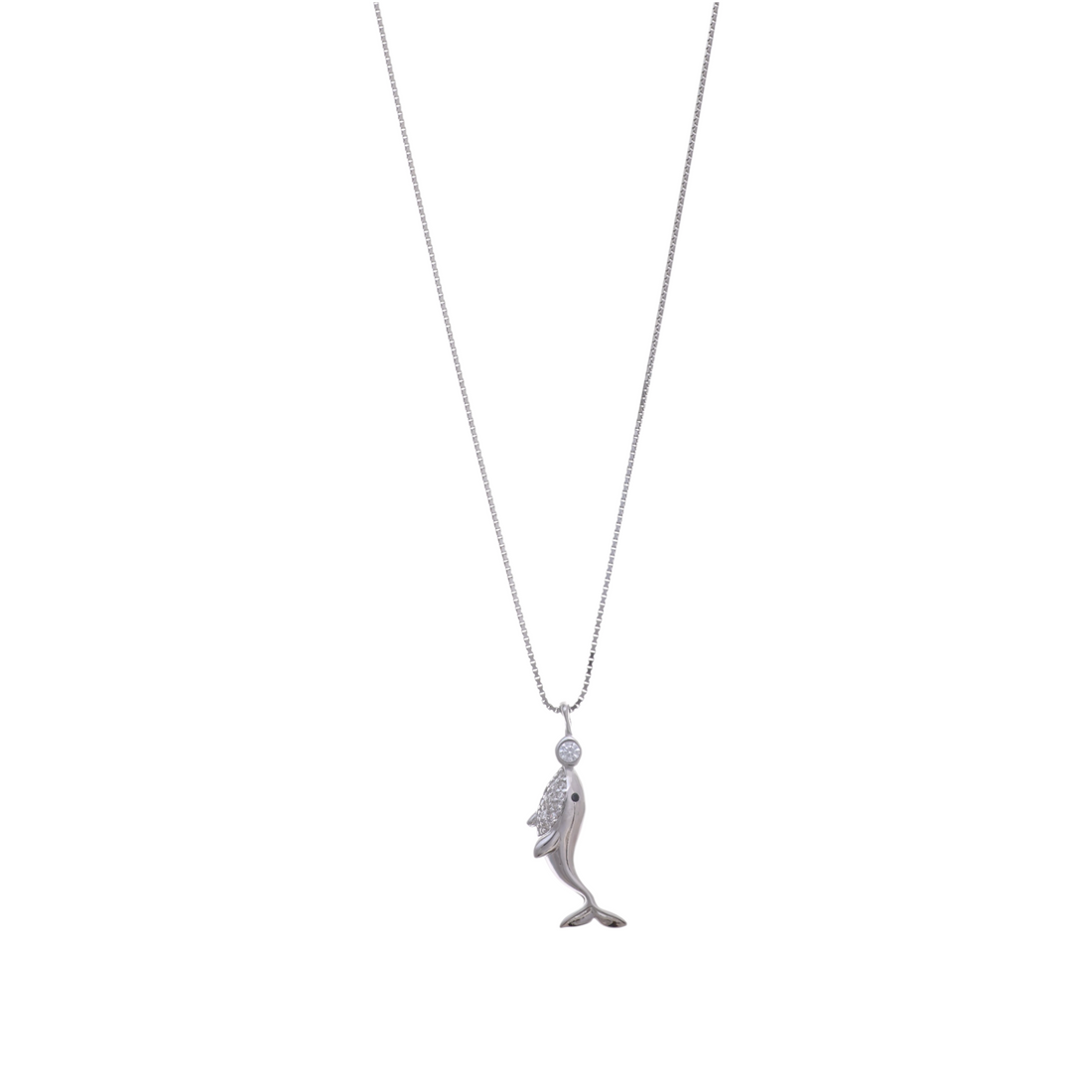 A silver box chain necklace with a vertical dolphin pendant adorned with pave-set clear stones.