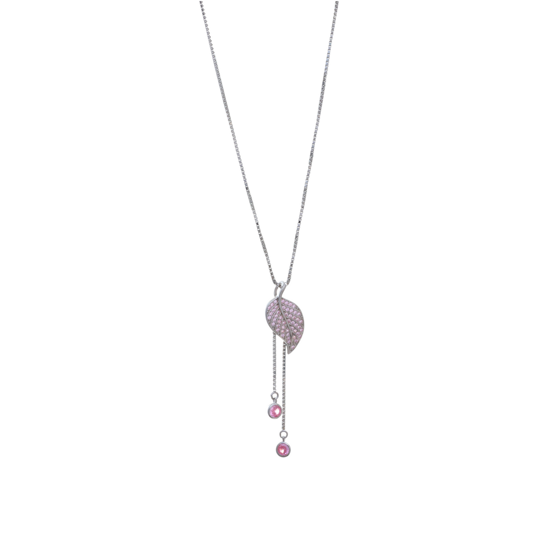 A silver chain necklace featuring a leaf pendant filled with pink stones and two dangling chains ending in round pink gems.