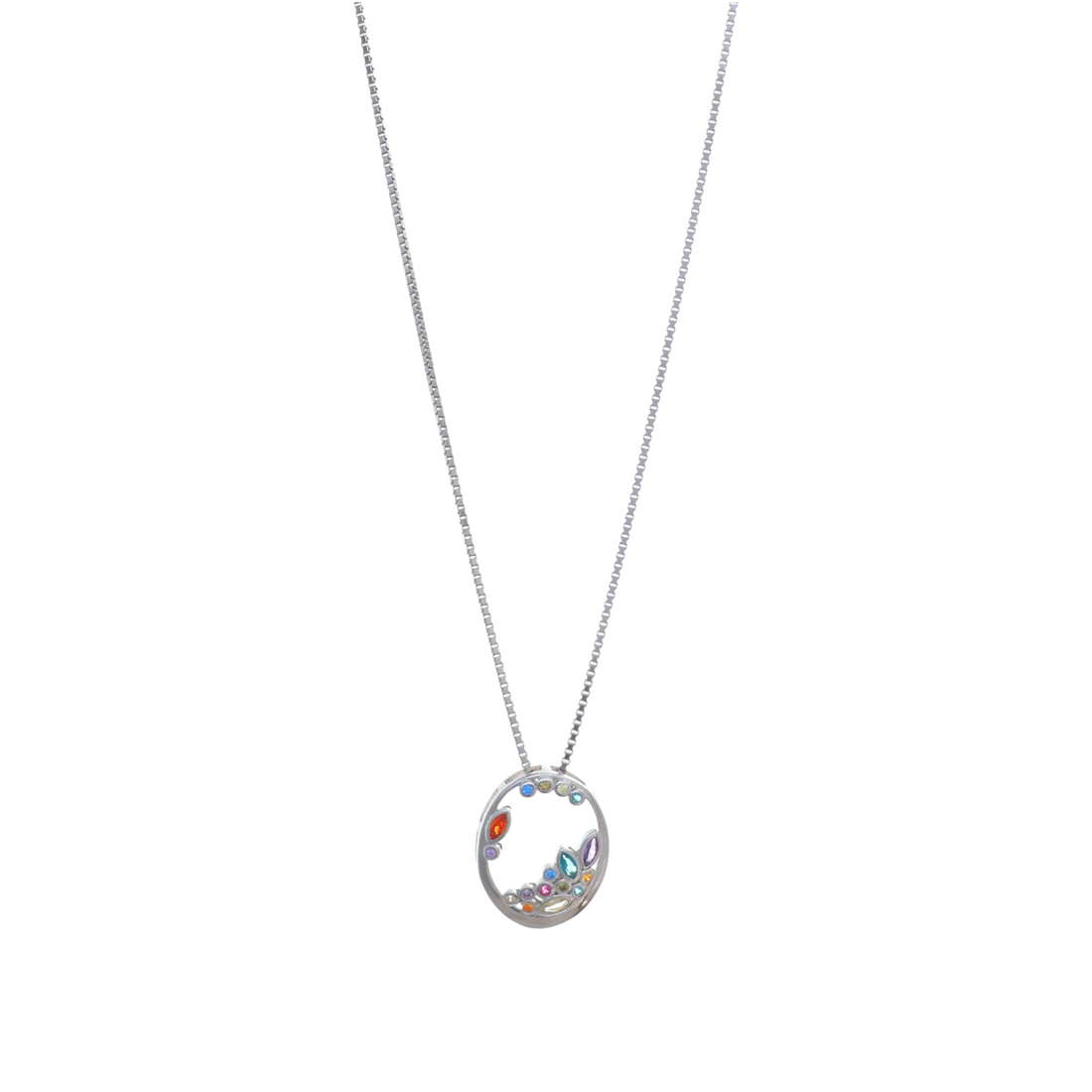A silver necklace featuring an oval openwork pendant inset with colorful multi-shaped gemstones.