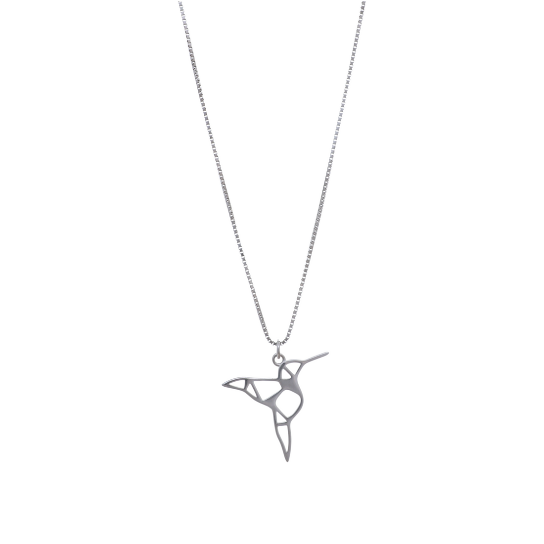 A fine silver chain necklace with a stylized geometric hummingbird pendant.