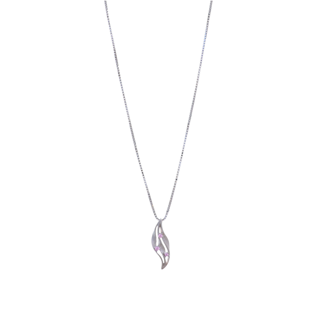 A silver box chain necklace displaying an elegant curved wave pendant studded with three round pink stones.