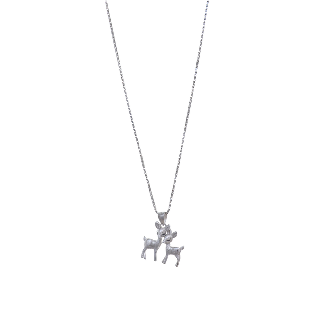 A silver box chain necklace featuring a pendant of two small deer standing together affectionately.
