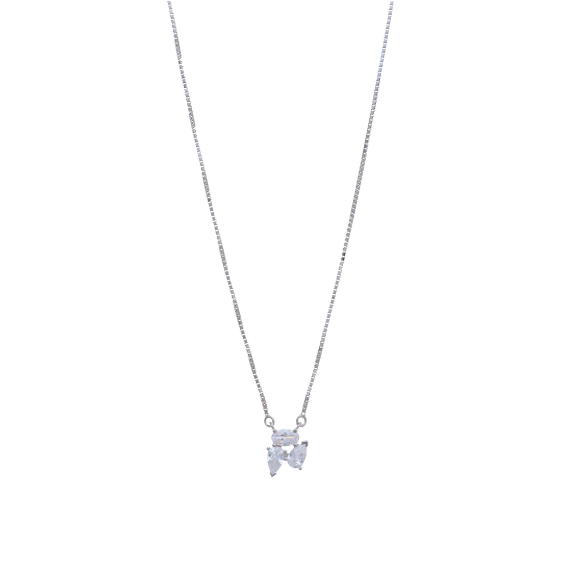 A fine silver chain necklace holding a delicate cluster pendant of clear oval and pear-shaped gemstones.