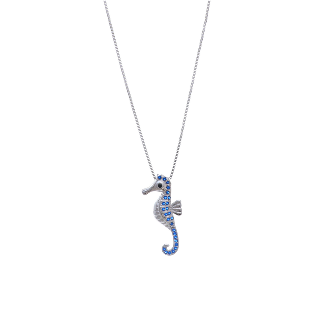 A silver box chain necklace with a seahorse pendant lined with brilliant blue pave stones.