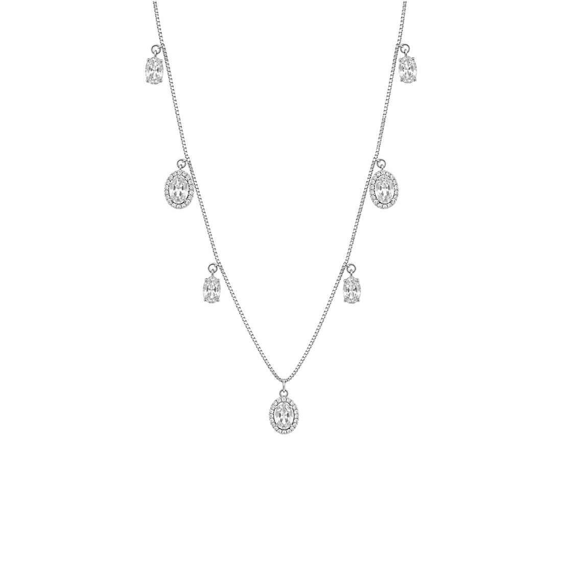 A silver chain necklace featuring multiple dangling oval halo crystal charms arranged in a graceful curve.