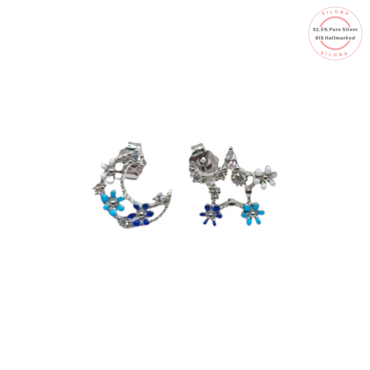 Moonlit Blooms 92.5% Pure Silver Floral Crescent Earrings