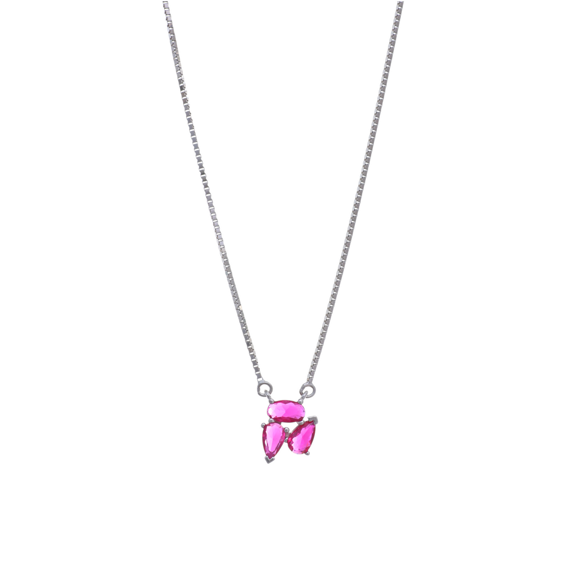 A silver box chain necklace featuring a cluster pendant composed of red oval and teardrop cut gemstones.