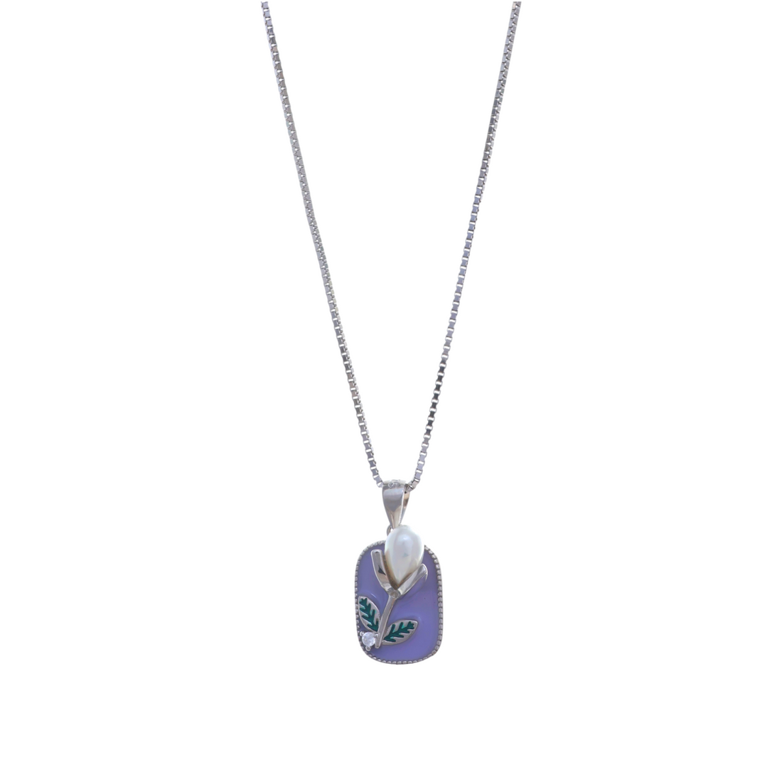 A silver box chain necklace displaying a lavender rectangular enamel pendant with a pearl flower motif.