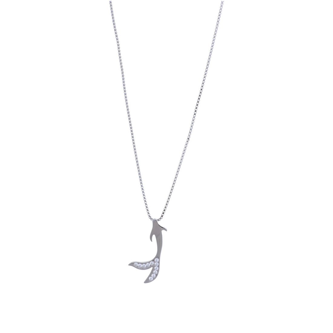 A silver box chain necklace featuring a graceful mermaid tail pendant studded with clear cubic zirconia stones.