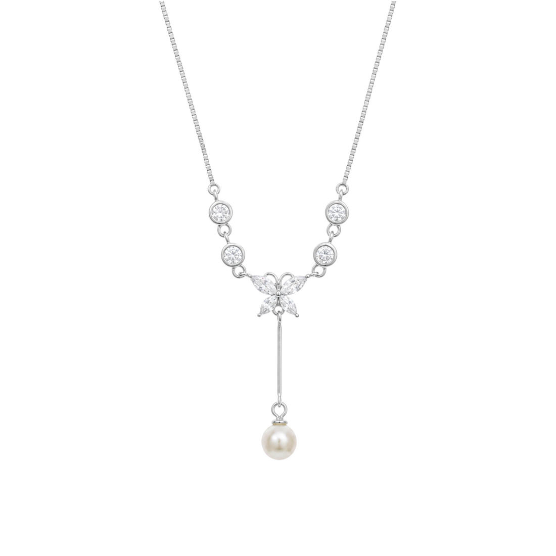 Silver-tone y-necklace with a sparkling marquise stone butterfly and a drop pearl pendant.