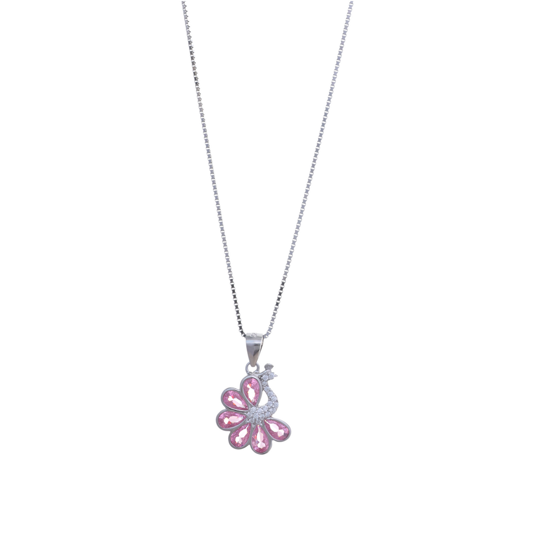 Silver chain necklace holding a peacock pendant set with pink teardrop stones and CZ accents.