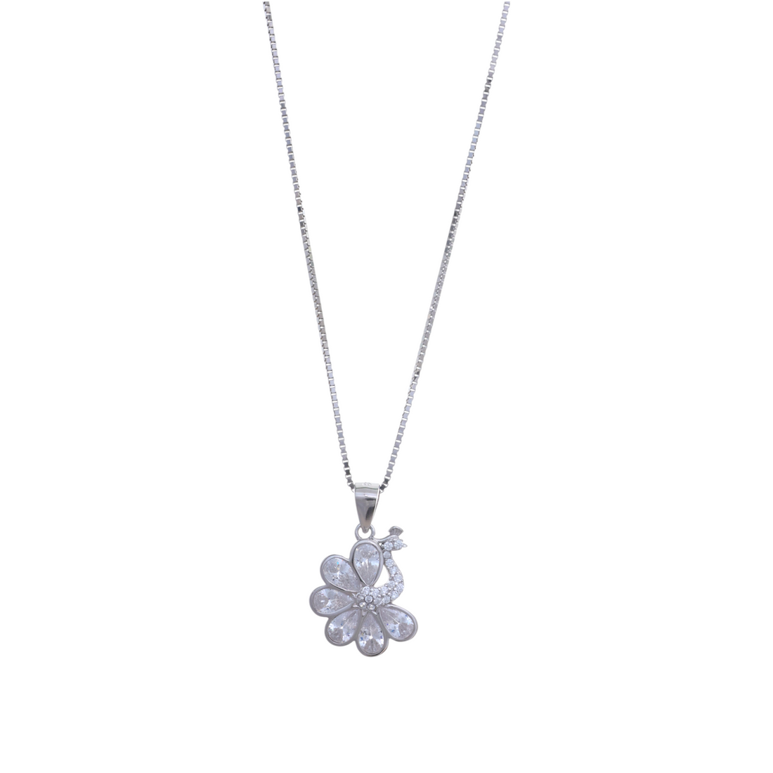 Silver box chain necklace with a clear CZ peacock pendant.