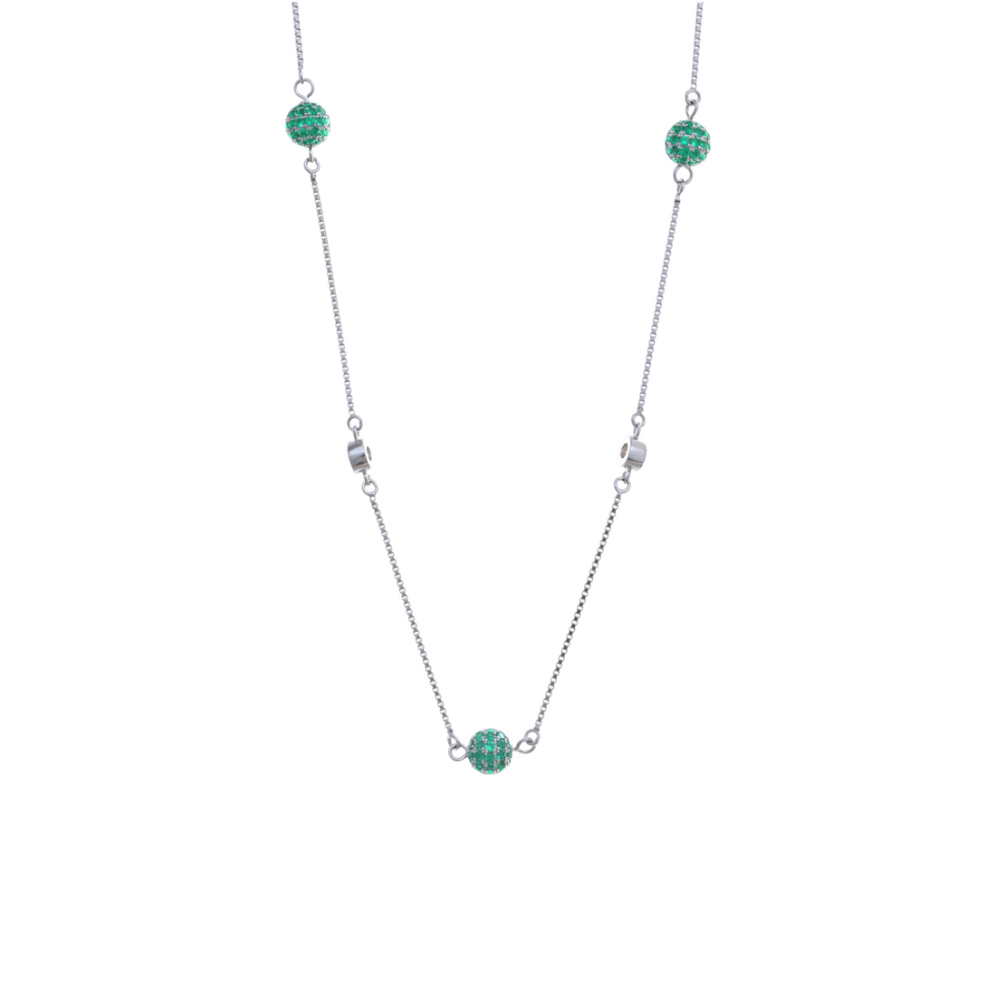 Silver-tone chain station necklace adorned with green pave cubic zirconia spherical beads.